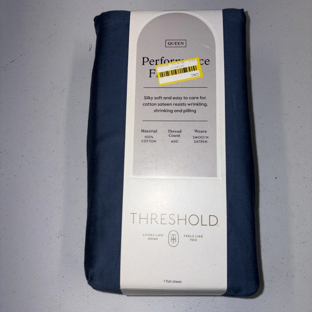 Threshold Performance 100% Cotton Sateen QUEEN Flat Sheet Blue 400 TC Smooth
